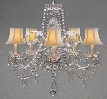 Swarovski Crystal Trimmed Chandelier Crystal Chandelier And White Shades H25" X W24" - A46-Whiteshades/385/5Sw