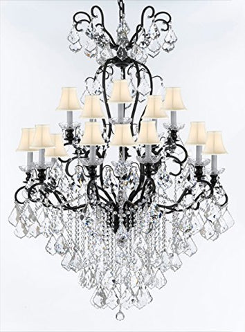 Wrought Iron Crystal Chandelier Lighting W38" H60" - Good for Entryway, Foyer, Living Room, Ballrooms, Catering Halls, Event Halls! w/ White Shades - F83-WHITESHADES/B12/556/16