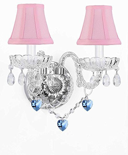 Swarovski Crystal Trimmed Chandelier Wall Sconce Lighting With Crystal Blue Hearts - Perfect For Kids And Girls Bedrooms With Shades - G46-Pinkshades/B85/2/386 Sw