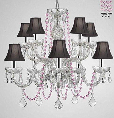 Authentic All Crystal Chandelier Chandeliers Lighting with Pretty Pink Crystals and Black Shades! Perfect for Living Room, Dining Room, Kitchen, Kid'S Bedroom W/Chrome Sleeves! H25" W24" - G46-B43/B84/CS/BLACKSHADES/1122/5+5