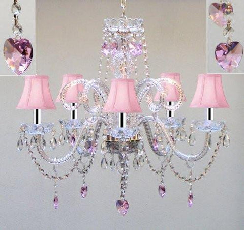 Chandelier Lighting W/Crystal Pink Shades & Hearts w/Chrome Sleeves! H25 x W24 - Perfect for Kid's and Girls Bedroom! - GO-A46-B43/PINKSHADES/387/5/PINKHEARTS