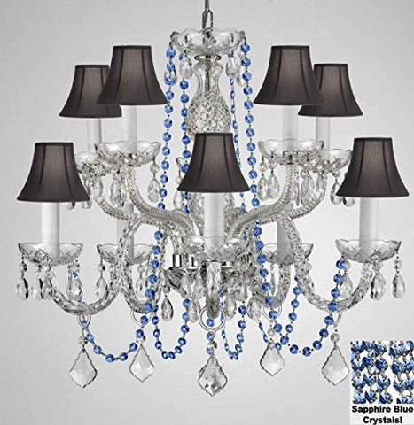 Authentic All Crystal Chandelier Chandeliers Lighting With Sapphire Blue Crystals And Black Shades Perfect For Living Room Dining Room Kitchen Kid'S Bedroom H25" W24" - G46-B82/Cs/Blackshades/1122/5+5