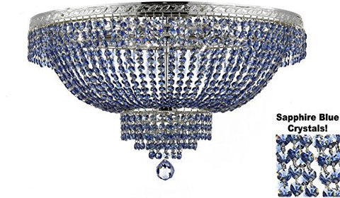 French Empire Semi Flush Crystal Chandelier Lighting - Dressed With Sapphire Blue Color Crystals H18" X W24" - F93-B82/Flush/Cs/870/9