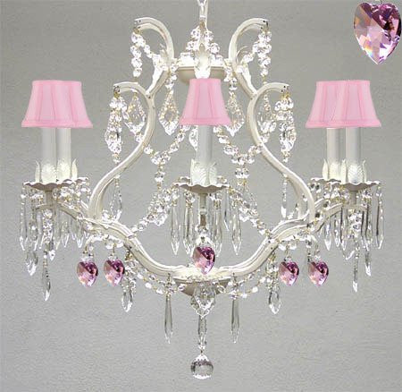Wrought Iron & Crystal Chandelier Authentic Empress Crystal(Tm) Chandelier With Pink Hearts Nursery Kids Girls Bedrooms Kitchen Etc. With Pink Shades - A83-Pinkshades/White/B21/3530/6