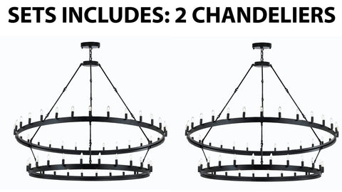Set of 2 - Wrought Iron Vintage Barn Metal Castile Two Tier Chandelier Industrial Loft Rustic Lighting W 63" H 60" Great for The Living Room, Dining Room, Foyer and Entryway, Family Room, and More - 2EA G7-3428/54