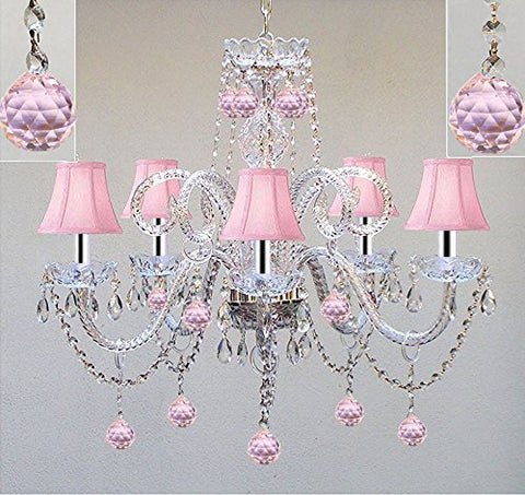 Chandelier Lighting W/Crystal Pink Shades & Balls! W/Chrome Sleeves! H25 x W24 - Perfect for Kid's and Girls Bedroom! - GO-A46-B43/PINKSHADES/387/5/PINKBALLS