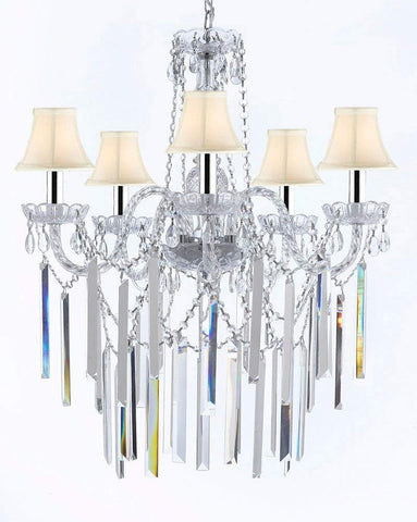 Authentic All Empress Crystal (tm) Chandelier Lighting Optical-quality Fringe Prisms With White Shades w/Chrome Sleeves! H30" X W24" - G46-B43/B40/SC/Whiteshades/3/384/5
