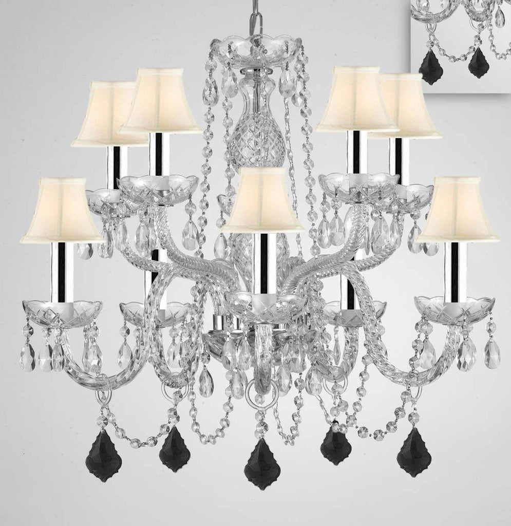 Chandelier Lighting Crystal Chandeliers H25" X W24" 10 Lights w/Chrome Sleeves - Dressed w/Jet Black Crystals! Great for Dining Room, Foyer, Entry Way, Living Room, Bedroom, Kitchen! w/White Shades - G46-B43/B97/WHITESHADES/CS/1122/5+5