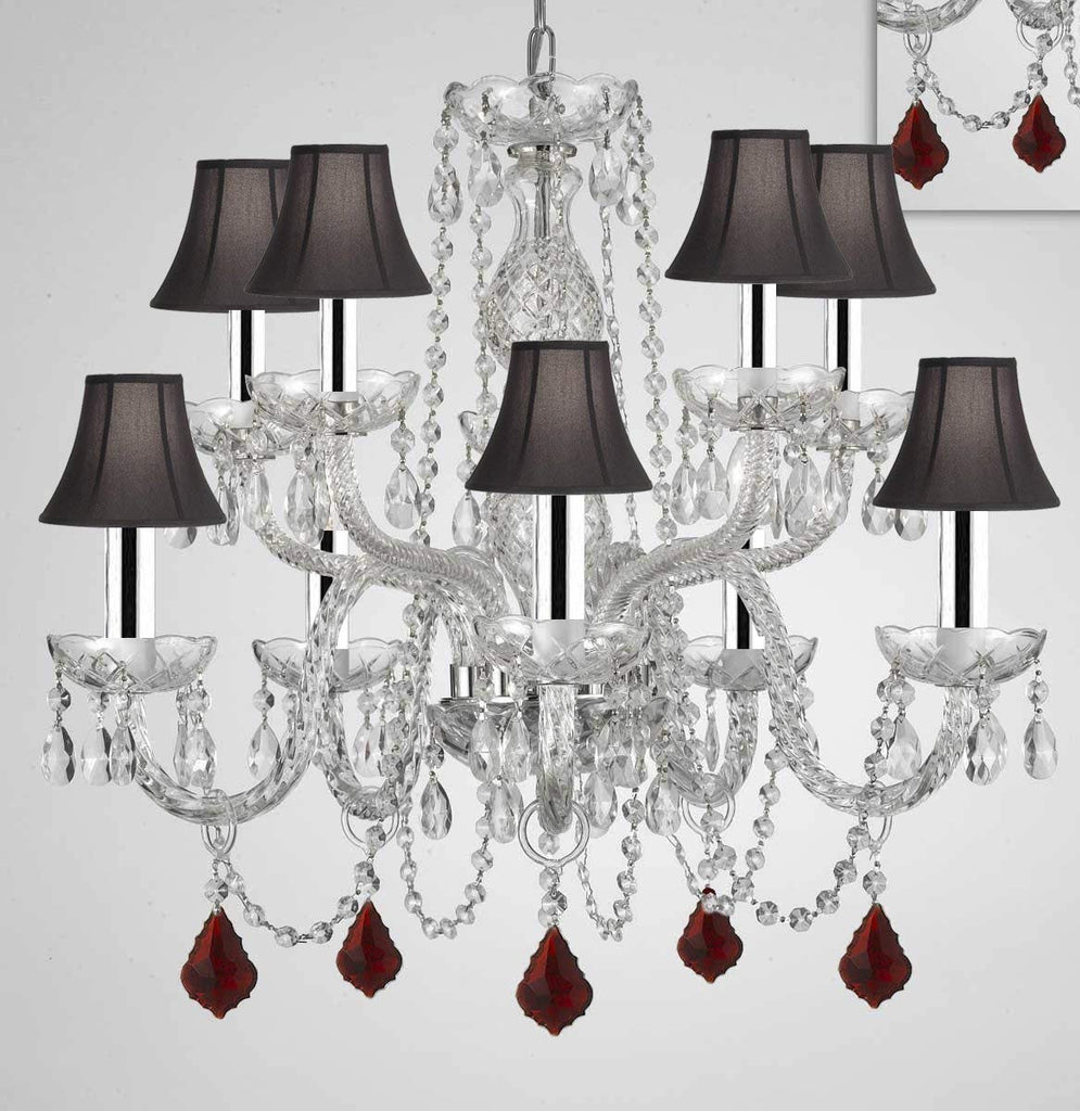 Chandelier Lighting Crystal Chandeliers H25" X W24" 10 Lights w/Chrome Sleeves - Dressed w/Ruby Red Crystals! Great for Dining Room, Foyer, Entry Way, Living Room, Bedroom, Kitchen! w/Black Shades - G46-B43/B98/BLACKSHADES/CS/1122/5+5