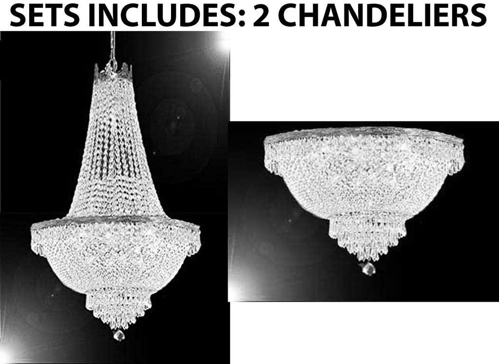 Set of 2 - 1 French Empire Crystal Chandelier Lighting - Great for the Dining Room! H50" X W24" and 1 French Empire Crystal Semi Flush Basket Chandelier Chandeliers Lighting H18" X W24" - 1EA C7/CS/870/9 + 1EA FLUSH/CS/870/9 A500-