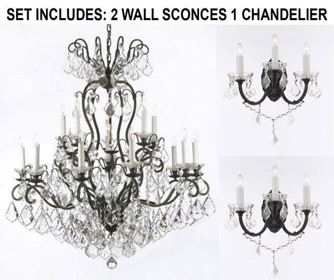 Set of 3-2 Wrought Iron Wall Sconce Crystal Lighting W 11.5" H 14" D 17" and 1 Wrought Iron Crystal Chandelier Lighting W38 H44 - 2EA G83-3/556 + 1EA A83-556/16