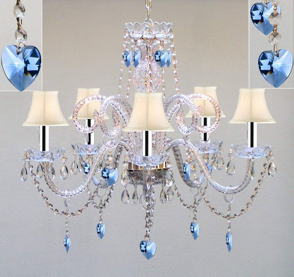 Authentic All Crystal Chandelier Chandeliers Lighting with Sapphire Blue Crystal Hearts and White Shades! Perfect for Living Room, Dining Room, Kitchen, Kid's Bedroom w/Chrome Sleeves! H25" W24" - A46-B43/B85/WHITESHADES/387/5