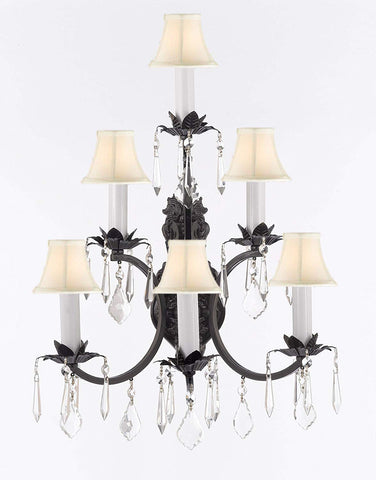 Wrought Iron Wall Sconce Crystal Lighting 3 Tier Wall Sconces W16 x H24 w/White Shades - A83-WHITESHADES/6/3034