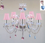 Chandelier Lighting W/Crystal Pink Shades & Blue and Pink Hearts W/Chrome Sleeves! H25" x W24" - Perfect for Kid's and Girls Bedroom! - GO-B43/A46-PINKSHADES/B85/B21/387/5