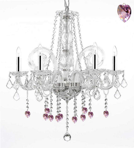Crystal Chandelier Chandeliers Lighting with Pink Crystal Hearts w/Chrome Sleeves! H25" x W24" - G46-B43/B21/385/5