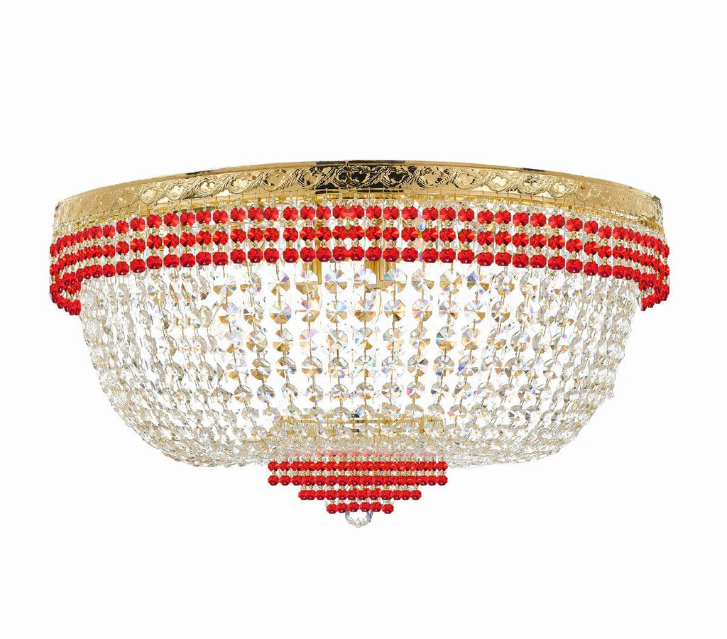 Nail Salon French Empire Crystal Flush Chandelier Lighting Dressed with Ruby Red Crystal Balls - Great for The Dining Room H 20" W 36" 25 Lights - G93-B74/FLUSH/CG/4199/25