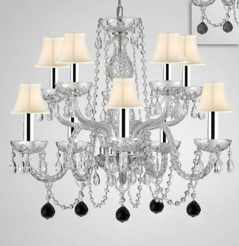 Chandelier Lighting Crystal Chandeliers H25" X W24" 10 Lights w/Chrome Sleeves - Dressed w/Jet Black Crystal Balls! Great for Dining Room, Living Room, Bedroom, Kitchen! w/White Shades - G46-B43/B95/WHITESHADES/CS/1122/5+5