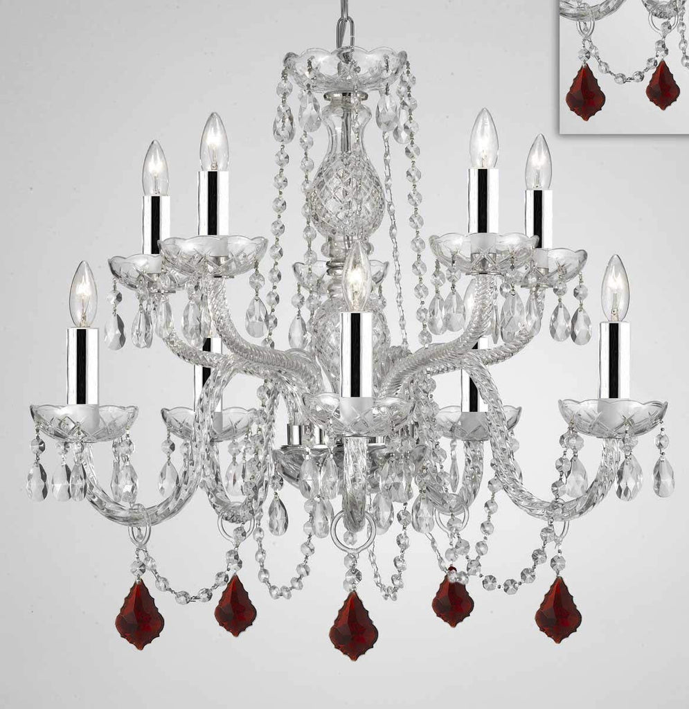 Chandelier Lighting Crystal Chandeliers H25" X W24" 10 Lights w/Chrome Sleeves - Dressed w/Ruby Red Crystals! Great for Dining Room, Foyer, Entry Way, Living Room, Bedroom, Kitchen! - G46-B43/B98/CS/1122/5+5