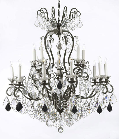 Wrought Iron Crystal Chandelier Lighting Dressed with Jet Black Crystals W38" H44" - Great for the Dining Room, Foyer, Entry Way, Living Room - F83-B97/556/16