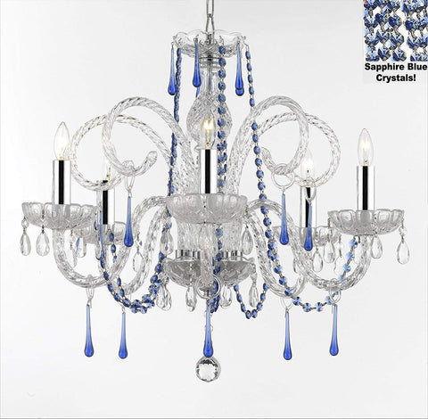 AUTHENTIC ALL CRYSTAL CHANDELIER CHANDELIERS LIGHTING WITH SAPPHIRE BLUE CRYSTALS! PERFECT FOR LIVING ROOM, DINING ROOM, KITCHEN, KID'S BEDROOM W/CHROME SLEEVES! H25" W24" - G46-B43/B82/387/5