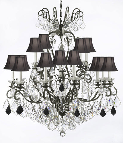 Wrought Iron Crystal Chandelier Lighting Dressed with Jet Black Crystals W38" H44" - Great for the Dining Room, Foyer, Entry Way, Living Room w/Black Shades - F83-B97/556/16/BLACKSHADES