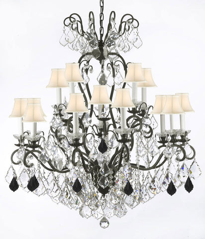 Wrought Iron Crystal Chandelier Lighting Dressed with Jet Black Crystals W38" H44" - Great for the Dining Room, Foyer, Entry Way, Living Room w/White Shades - F83-B97/556/16/WHITESHADES
