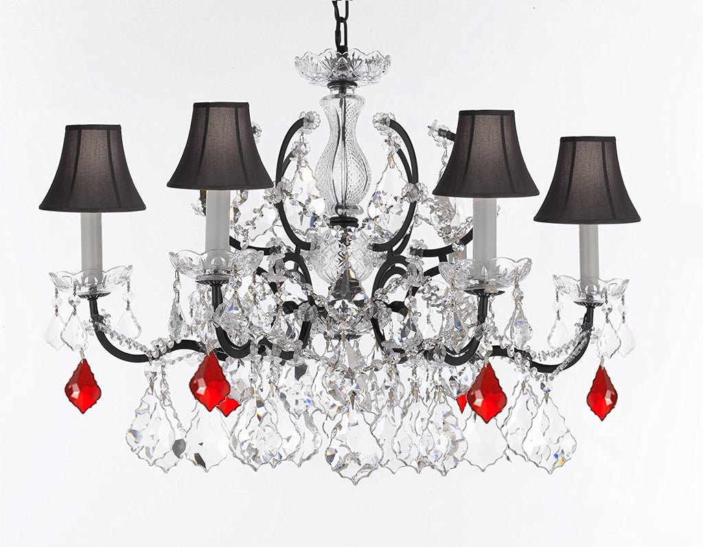 Swarovski Crystal Trimmed Chandelier 19th C. Baroque Iron & Crystal Lighting- Dressed with Ruby Red Crystals Great for Kitchens, Bathrooms, Closets, and Dining Rooms H 25" x W 26" w/Black Shades - G83-B98/BLACKSHADES/994/6SW