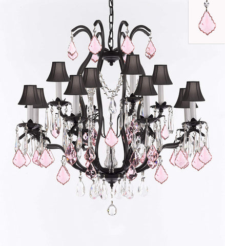 Wrought Iron Crystal Chandelier Lighting Chandeliers H30" x W28" Dressed with Swarovski Crystals & with Pink Crystals and Black Shades! Great for Bedroom, Kitchen, Dining Room, Living Room, and more! - F83-B110/BLACKSHADES/3034/8+4SW
