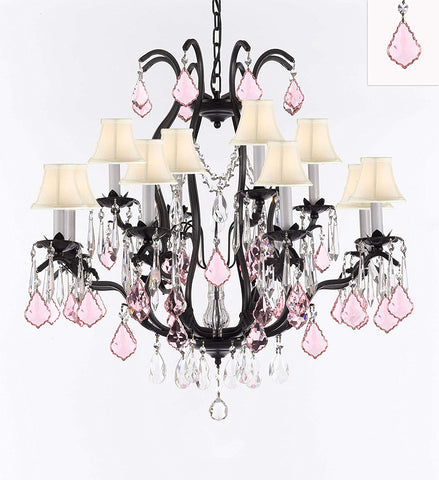 Wrought Iron Crystal Chandelier Lighting Chandeliers H30" x W28" Dressed with Swarovski Crystals & with Pink Crystals and White Shades! Great for Bedroom, Kitchen, Dining Room, Living Room, and more! - F83-B110/WHITESHADES/3034/8+4SW