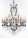 Swarovski Crystal Trimmed Chandelier 19th C. Baroque Iron & Crystal Chandelier Lighting Dressed w/Ruby Red Crystals H 52" x W 41" - Great for the Dining Room, Entry Way, Living Room w/White Shades - G83-B98/WHITESHADES/996/25SW