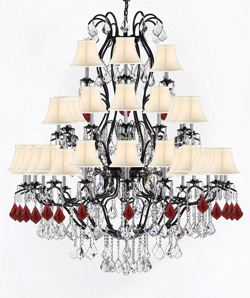 Large Wrought Iron Chandelier Chandeliers Lighting With Ruby Red Crystals H60" x W52" - Great for the Entryway, Foyer, Family Room, Living Room w/White Shades - A83-B98/WHITESHADES/3031/36