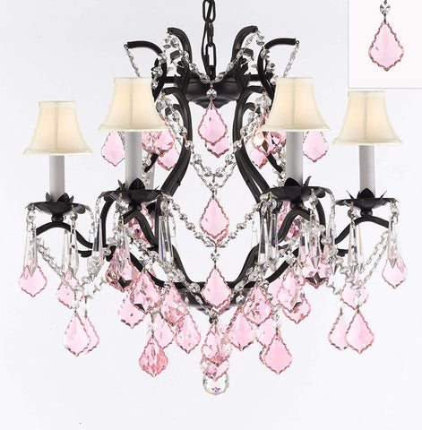 Wrought Iron Crystal Chandelier Lighting Chandeliers H19" x W20" Dressed with Pink Crystals and White Shades! Great for Bedroom, Kitchen, Dining Room, Living Room, and More! - F83-B20/WHITESHADES/3530/6