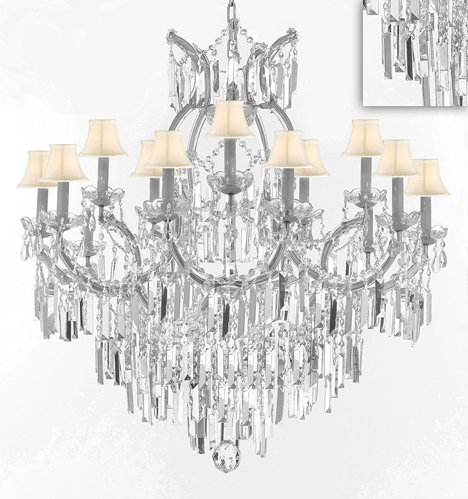 Maria Theresa Chandelier Crystal Lighting Chandeliers w/Optical Quality Fringe Prisms! Great for the Dining Room, Foyer, Entry Way, Living Room! H38" X W37" w/White Shades - A500-B8/WHITESHADES/CS/21510/15+1