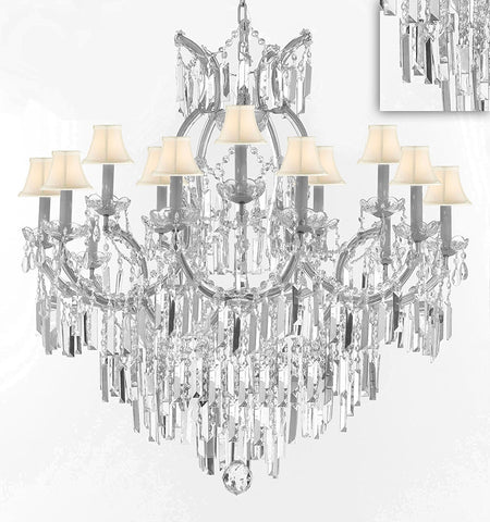 Maria Theresa Chandelier Crystal Lighting Chandeliers w/Optical Quality Fringe Prisms! Great for the Dining Room, Foyer, Entry Way, Living Room! H38" X W37" w/White Shades - A83-B8/WHITESHADES/CS/21510/15+1